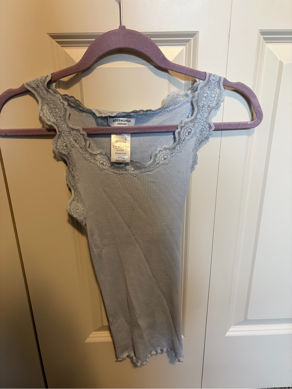 Lace-Trim Ribbed Tank Top in Pale Blue by Rosemunde